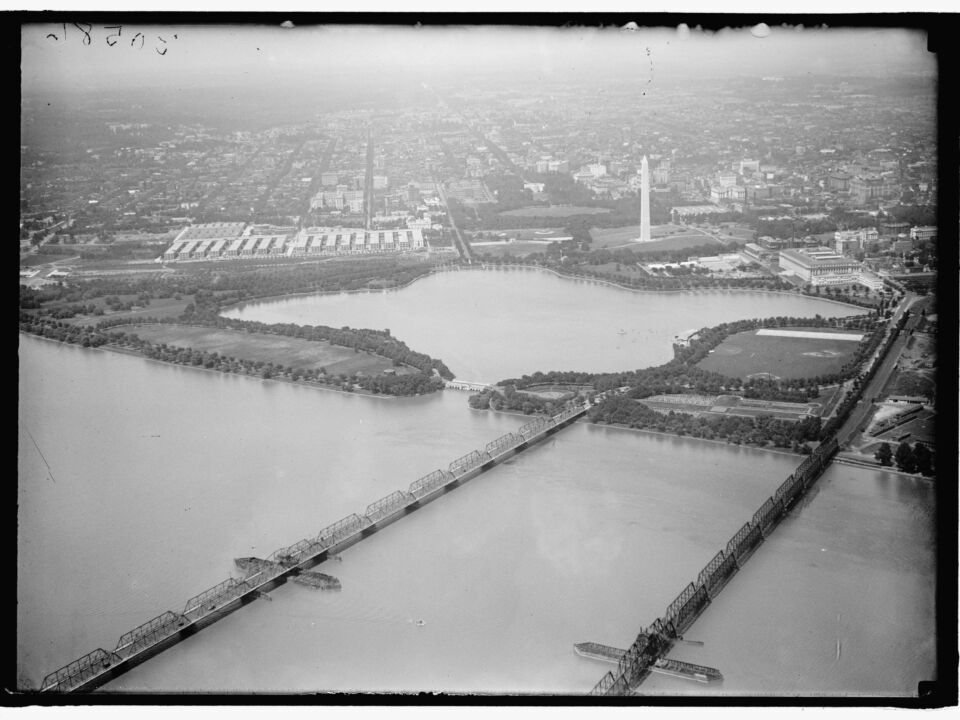 1919 LOC Long Bridge Airplane View with Tidal Basin and Monument